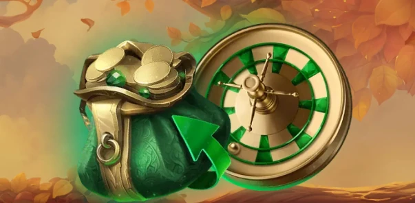 Roue de fortune verte ornée de symboles mystiques et épée dans le Herospin