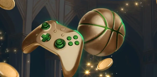 Manette de jeu dorée avec bouton vert et pièces qui tombent dans le casino en ligne Herospin